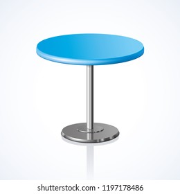 Big lap disk shape vivid cyan color stylish 3d board platen stand on one solid shiny stem foot on white backdrop. Club concept design object. Close-up side view with space for text