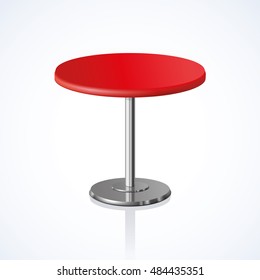 Big lap disk shape vivid scarlet stylish 3d board platen pedestal stand on one solid shiny stem foot on white backdrop. Club concept design object. Close-up side view with space for text