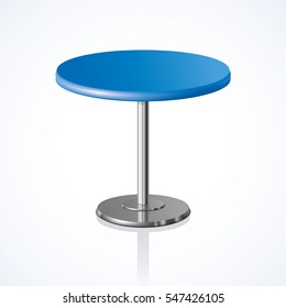 Big lap disk shape vivid indigo color stylish 3d board platen stand on one solid shiny stem foot on white backdrop. Club concept design object. Close-up side view with space for text