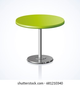 Big lap disk shape vivid lime color stylish 3d board platen stand on one solid shiny stem foot on white backdrop. Club concept design object. Close-up side view with space for text