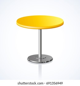 Big lap disk shape vivid golden color stylish 3d board platen stand on one solid shiny stem foot on white backdrop. Club concept design object. Close-up side view with space for text