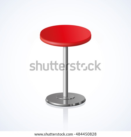 Big lap disk shape vivid scarlet color stylish 3d barstool stand on one solid shiny stem foot on white backdrop. Pub club trendy equipment object concept design. Close-up side view with space for text