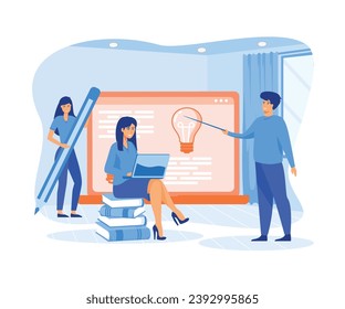 Big laptop and small businessman learning financial literacy. flat vector modern illustration 
