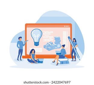  Big laptop and tiny business people studying financial literacy. flat vector modern illustration 