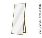 Big large floor mirror on stand with golden frame. Home room interior accessory, modern reflection object, rectangular shape. Full-length rectangle frame isolated. colored flat vector illustration