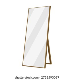 Big large floor mirror on stand with golden frame. Home room interior accessory, modern reflection object, rectangular shape. Full-length rectangle frame isolated. colored flat vector illustration