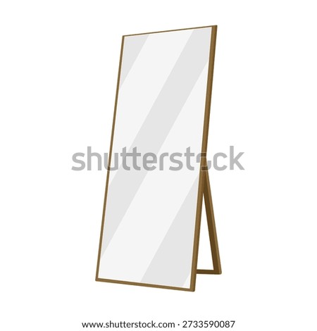 Big large floor mirror on stand with golden frame. Home room interior accessory, modern reflection object, rectangular shape. Full-length rectangle frame isolated. colored flat vector illustration