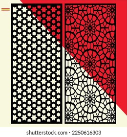 Big laser cut decorative wall panel pattern set Jali design,acrylic and CNC machine cutting.Abstract ornament, geometric, classic, oriental pattern, floral and plant motifs.Round abstract geometric 
