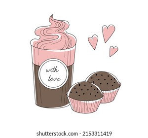 Big latte with a big pink cream with two chocolate muffins. Hand drawn sketch.