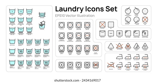 Big laundry icons set vector illustration design. Collection of washing symbols, bleaching, ironing, drying.