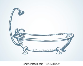 Big lave bowl on light wall backdrop. Freehand outline black ink hand drawn logotype pictogram emblem design sketchy in aged art scribble etched print style pen on paper text space. Closeup side view