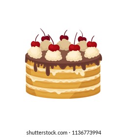 Big layered cake with chocolate glaze, whipped cream and red cherry on top. Delicious holiday dessert. Flat vector design