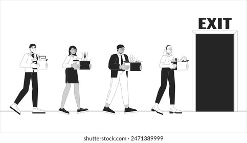 Big layoff black and white line illustration. Fired workers. Multiethnic employees group leaving office 2D characters monochrome background. Unemployment growth outline scene vector image