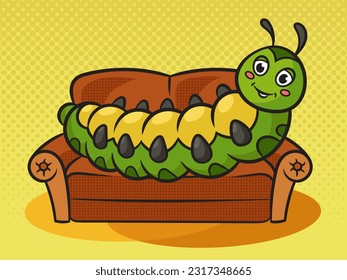 Big lazy caterpillar lies on couch sofa pinup pop art retro vector illustration. Comic book style imitation.