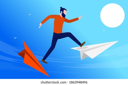 Big Leap - Casual Man Jumping From Falling Paper Plane To New. Taking Chances And Risks In Life Concept. Vector Illustration.