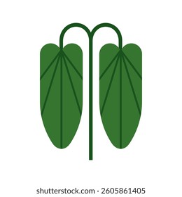 Big leaves on curved stem, bending branch. Leaf plant with green foliage. Greenery, geometric symmetrical style. Botanical flat graphic vector illustration isolated on white background