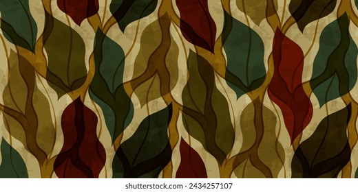 Big leaves seamless vector pattern. Watercolor brown leafs background, textured jungle print