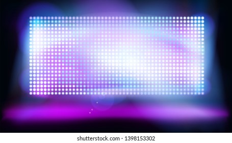 Big led projection screen on the stage. Glowing dots, display pixels. Vector illustration.