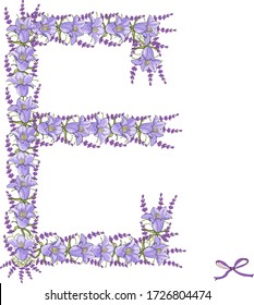 Big letter E made of bells and lavender for cards. Vector hand draw  Illustration EPS10