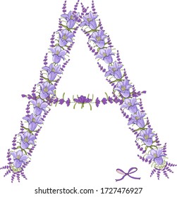 Big letter A made of bells and lavender. Vector hand draw  Illustration EPS10. 