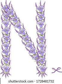 Big letter N  made of bells and lavender for cards Vector hand draw  Illustration EPS10