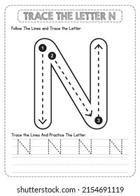 Big Letter Uppercase Alphabet Tracing For Pre-school Kids with Arrow Direction N.