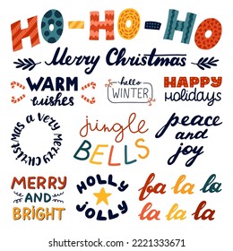 Big lettering set for Merry Christmas, New Year, winter holiday. Hand written isolated vector phrases. Ho-ho-ho, holly jolly, merry and bright, jingle bells, warm wishes, peace ad joy, hello winter.