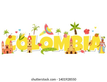 Big letters Colombia with symbols, landmarks and attractions