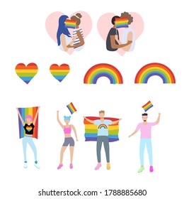 Big LGBT set. Pride Month. Woman and men taking part in pride parade. Two boys and Two girls kiss for an LGBT flag. LGBT rainbow and heart. Symbol lgbt culture.  Vector stock illustration 