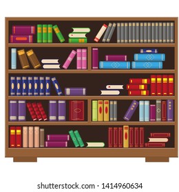 Big Library Bookcase With Colorful Books. Education Or Bookstore Concept. Vector Illustration.