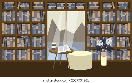 Big Library At Home Or In Bookstore With Big Window And Mountains View. Open Book With Coffee On A Table. Place For Reading On A Pouf Near Plant Monstera. A Lot Of Bookshelves With Literature.