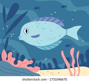 Big light blue fish.Underwater world with wild sea animals in the ocean. Aquarium.Illustration for children's book. Cute Poster .