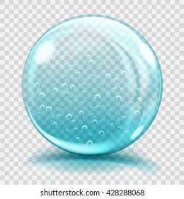 Big light blue glass sphere with air bubbles, glares and shadows. Transparency only in vector file