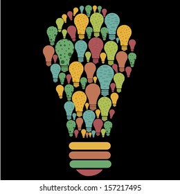 a big light bulb composed by little lightbulbs in a black background