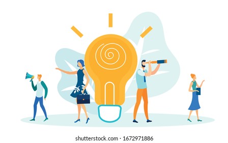 Big Light Bulb, Generating Ideas in Business Flat Cartoon Vector Illustration. Girl with Briefcase Standing near Huge Lamp. Woman with Tablet Writes Down Solution. Men with Megaphone and Telescope.