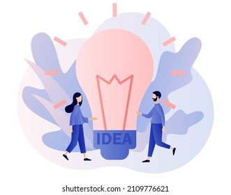 Big light bulb. Idea concept. Innovative lamp.Tiny people inspiration developing new business ideas. Thinking and brainstorm. Modern flat cartoon style. Vector illustration on white background