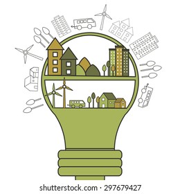 Big light bulb with illustration of buildings, trees, wind turbines and vehicles, Creative infographic elements set based on ecology and idea concept. 