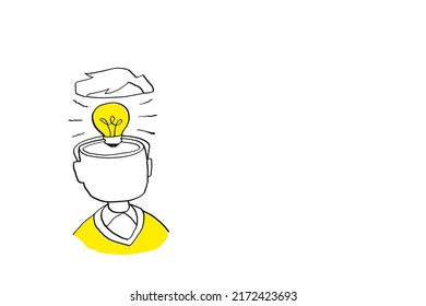 Big light bulb inside man's head. Concept of idea. Cartoon vector illustration design