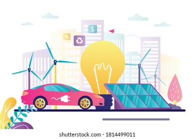 Big light bulb, solar panels and electricity car. Concept of alternative energy and eco friendly. Wind turbines and city buildings on background. Banner in trendy style. Flat vector illustration
