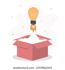 Lámpara de luz grande despegada de la caja abierta. Idea de innovación, lanzamiento de emprendimientos, concepto de crowdfunding. Desarrollo de nuevos negocios, inversión de capital de riesgo, lluvia de ideas, presentación de ideas. ilustración vectorial