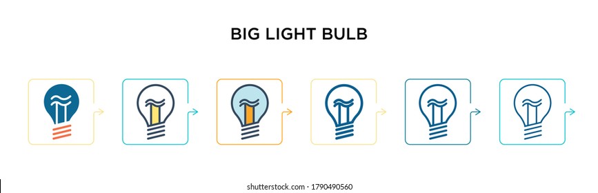 Big light bulb vector icon in 6 different modern styles. Black, two colored big light bulb icons designed in filled, outline, line and stroke style. Vector illustration can be used for web, mobile,