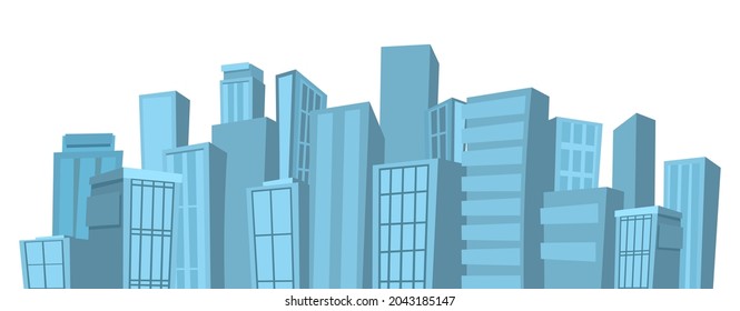 Gran ciudad de luz de lejos. Rascacielos y grandes edificios. Ilustración de caricatura de estilo plano. Paisaje urbano azul. Composición horizontal. Vector