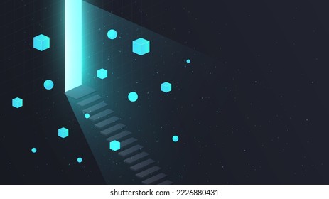 Big Light Door. Metaphor of new opportunities and innovations, futuristic poster or banner for website and cyberspace. Artificial intelligence and programming. Cartoon flat vector illustration