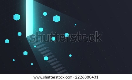 Big Light Door. Metaphor of new opportunities and innovations, futuristic poster or banner for website and cyberspace. Artificial intelligence and programming. Cartoon flat vector illustration