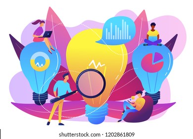 Big Lightbulbs And Business Team Working On Solution. Business Solution And Support, Problem Solving And Decision Making Concept On White Background. Bright Vibrant Violet Vector Isolated Illustration