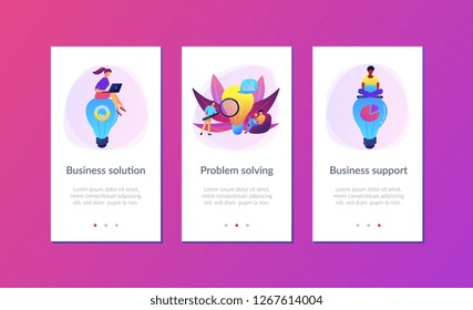 Big lightbulbs and business team working on solution. Business solution and support, problem solving and decision making concept on white background. Mobile UI UX GUI template, app interface wireframe