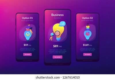 Big lightbulbs and business team working on solution. Business solution and support, problem solving and decision making concept on white background. Mobile UI UX GUI template, app interface wireframe