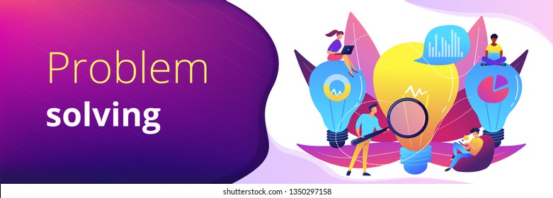 Big lightbulbs and business team working on solution. Business solution and support, problem solving and decision making concept on white background. Header or footer banner template with copy space.