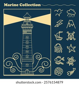 Big lighthouse and twelve cute sea doodles. Marine collection of decorative elements, icons. Vector set