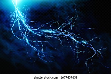 Big lightning on the skyA flash of lightning against a background of thunderclouds. Natural energy. Transparent elements. Vector